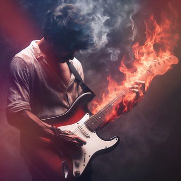 Guitariste avec une guitare en feu sur Digital Art Nederland