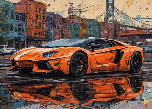 De Lamborghini Aventador Orange met stadsgezicht