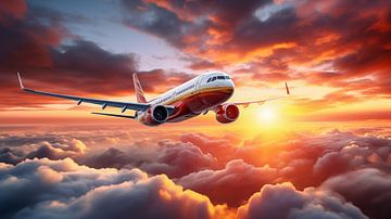 Verkehrsflugzeug fliegt bei Sonnenuntergang am wolkengefüllten 