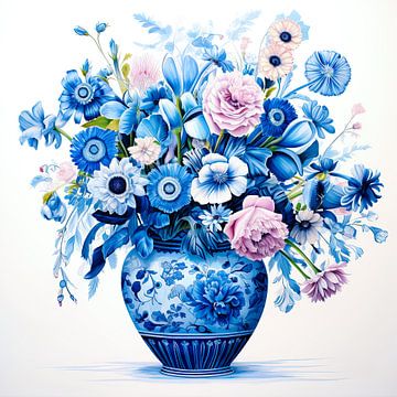 Blue flower bouquet in blue stone vase by Vlindertuin Art