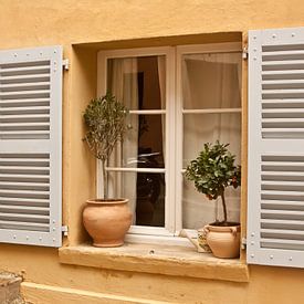 karakteristiek raam met open shutters in Toscaans huis van Margriet Hulsker