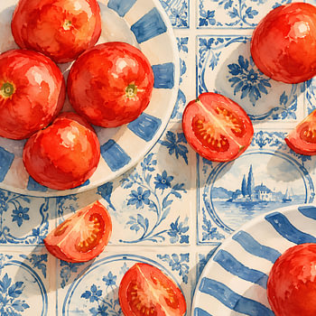 Mittelmeer-Tomaten – Eine Geschichte in Delfter Aquarellfarben