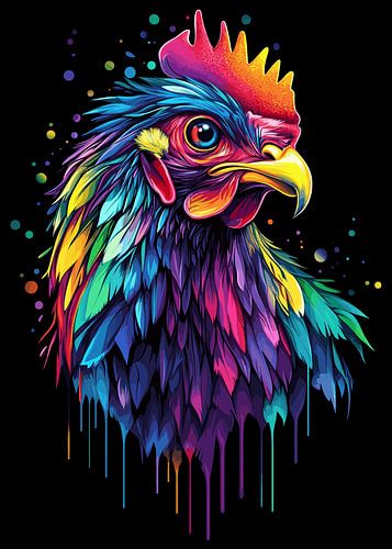 Kleurrijke kip in pop-artstijl met druipeffect
