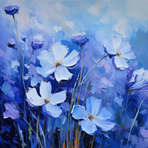 Painting of a blue field of flowers