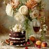 Romantisches Stillleben – Kuchen, Blumen und Sommerfrüchte von Joriali Fine Art