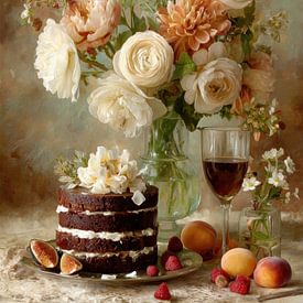 Romantisches Stillleben – Kuchen, Blumen und Sommerfrüchte von Joriali Fotografie und Gemälde