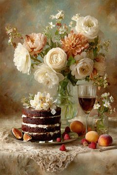 Romantic Still Life - Cake, Flowers, and Summer Fruit Painting by Joriali photography and paintings