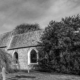 Tolbert church with weeping willow in black and white by R Smallenbroek