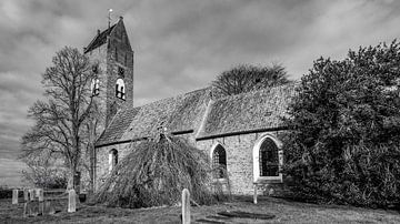 Tolbert church with weeping willow in black and white