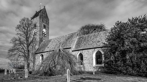Kerk Tolbert met treurwilg in zwart-wit van R Smallenbroek