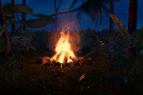 Gloeiend kampvuur te midden van tropische planten