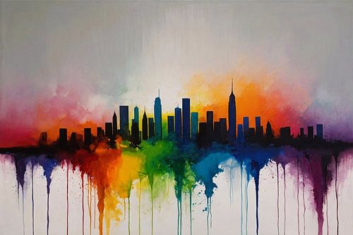 Skyline gesmolten in zonsondergangkleuren