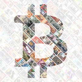 "Bitcoin over bills" - Bitcoin art - Logo hinter alten, aufgehängten Banknoten
