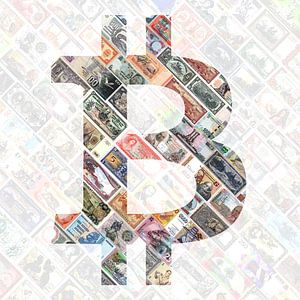 "Bitcoin over bills" - Art du bitcoin - logo derrière de vieux billets de banque suspendus