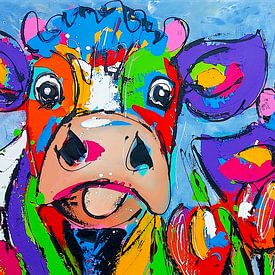3 Kleurrijke Vrolijke Koeien | Panorama van Vrolijk Schilderij