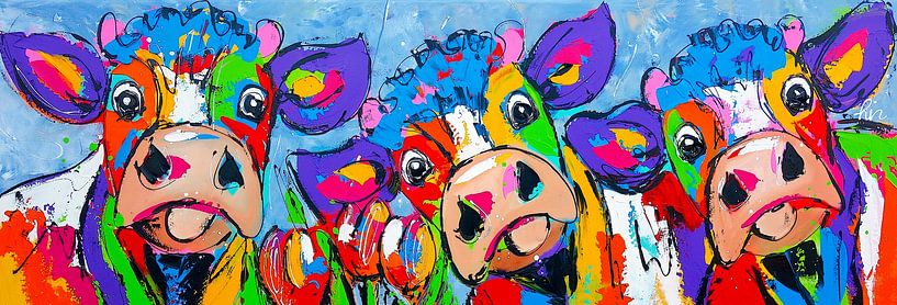 3 Colorful happy cows | Panorama by Vrolijk Schilderij