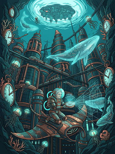 Illustration graphique de science-fiction : une ville steampunk sous-marine surréaliste explorée par une raie manta