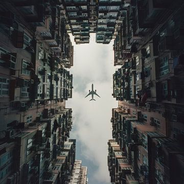 Skyline breakthrough - aeroplane in the city by Poster Art Shop