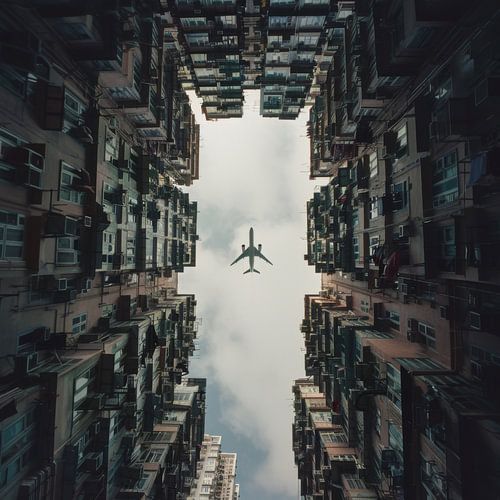 Skyline doorbraak - vliegtuig in de stad