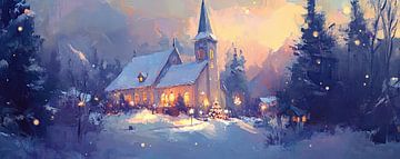 Winterkirche | Verschneite Kirche bei Einbruch der Dunkelheit