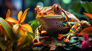 Laubfrosch auf einer orangen Blume im Wald