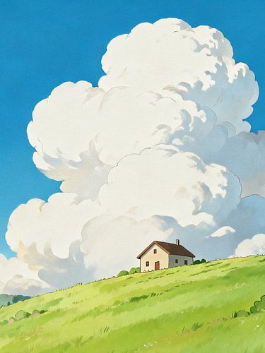 ANIME Meadow Hill House - Majestueuze zomerwolken Ghibli Blauwe lucht
