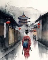 Kyoto Geisha von hinten im Kimono unterwegs zur Pagode, Aquarell