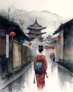 Kyoto Geisha van achteren in kimono op weg naar de pagode, aquarel van ColorWorldwide
