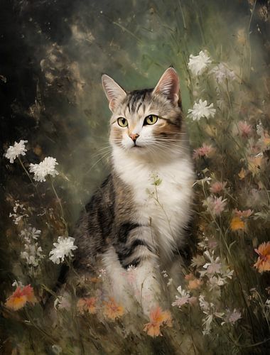 Gestreifte Katze im Wildblumengarten