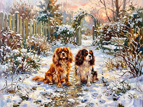 Twee Cavalier-spaniëls op een winterpad