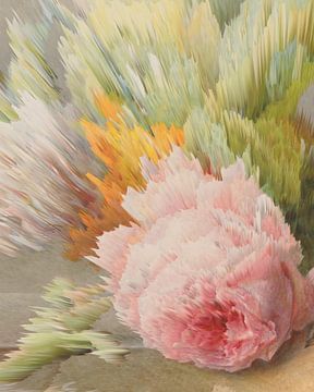 Moderne abstracte botanische kunst. Roos in roze, groen, geel en beige van Dina Dankers