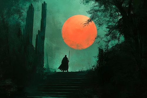 Düsterer Krieger vor rotem Mond von Poster Art Shop