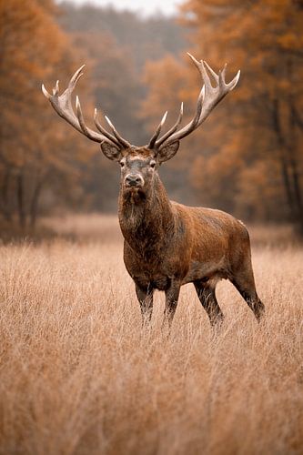 Majestueux cerf élaphe dans un paysage automnal – Portrait puissant d'un animal sauvage aux bois impressionnants