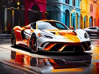 Colour photo realistic drawing of a supercar in front of a hotel