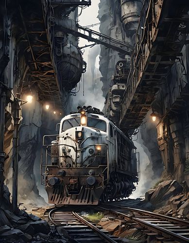 Locomotief tussen fantastische industriële gebouwen, steampunk