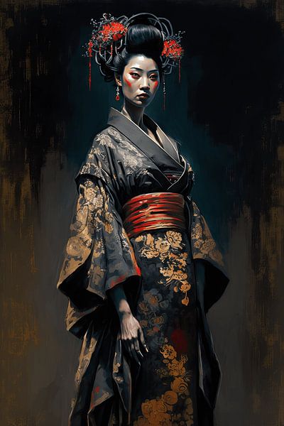 Geisha Dreams Grauer Kimono von DNH Artful Living auf ArtFrame, Leinwand,  Poster und mehr