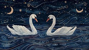 Swans at night embroidery panorama