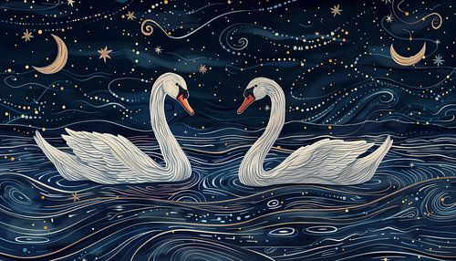 Zwanen in de nacht borduurwerk panorama
