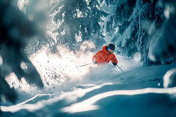 Skiën in het besneeuwde bos van Poster Art Shop