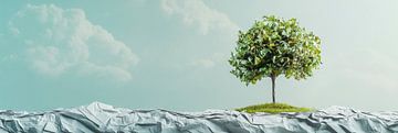 Groene papieren boom op papierlandschap panorama van Digitale Schilderijen