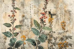 Nouveau rural, collage numérique de fleurs avec un oiseau sur Studio Allee