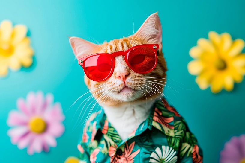 Stylish cat with sunglasses and flowers by Poster Art Shop