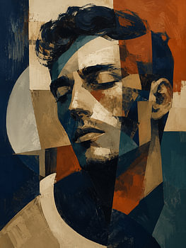 Moody Cubist Abstract Portrait – Modern Male Face Geometric Wall Art