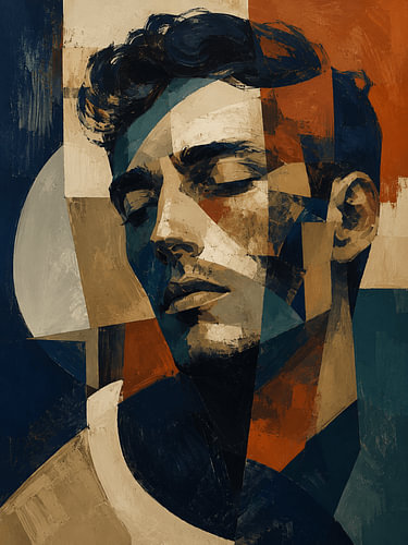 Stemmingsvol kubistisch abstract portret – Moderne geometrische wanddecoratie met een mannelijk gezicht