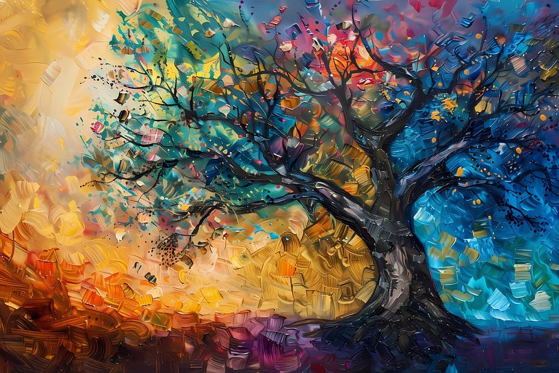 Abstract geschilderde kleurrijke boom in olieverf van Art & Soul Creations
