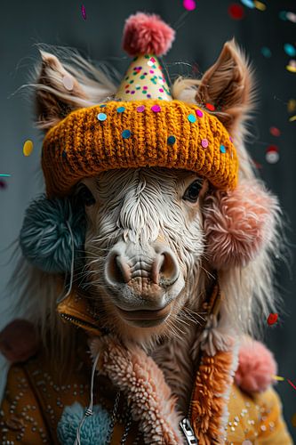 Grappig paard met verjaardagshoed viert zestigste verjaardag