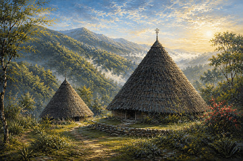 Traditionelles Haus im Dorf Wae Rebo, Volk der Manggarai, Flores, Indonesien I Indonesien I Halbabstrakt
