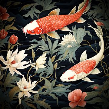 Two koi carp among the water lilies by Vlindertuin Art