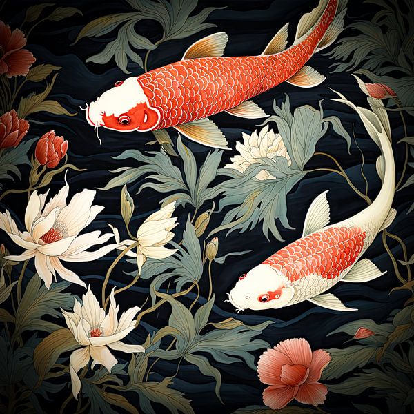 Two koi carp among the water lilies by Vlindertuin-Art