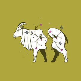 Chèvre blanche ornée d'éléments floraux et d'oiseaux sur Rohan Dahotre